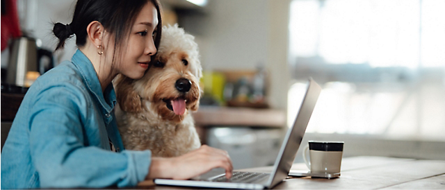 O persoană cu un câine utilizând un computer