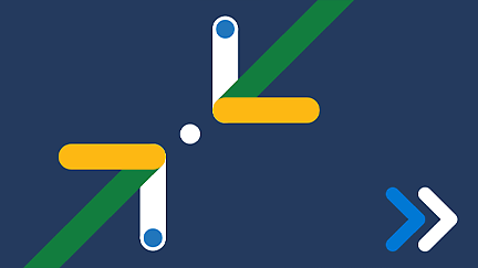 A blue background with white, yellow, and green lines forming an arrow sign