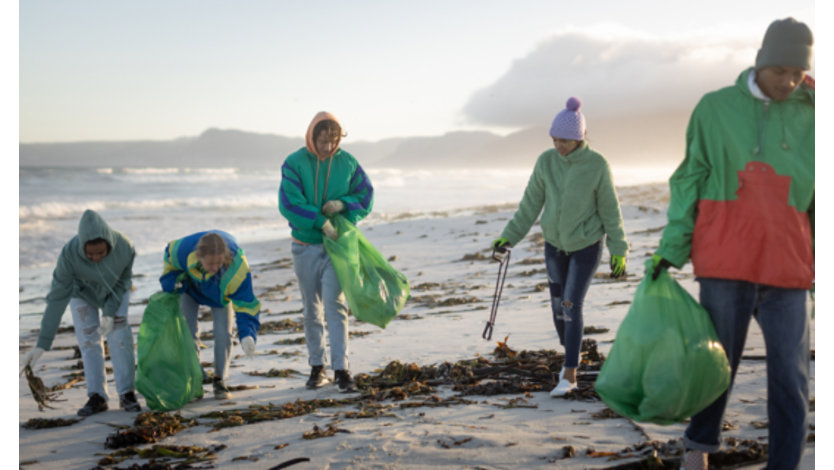 A group of five young volunteers cleaning a beach.