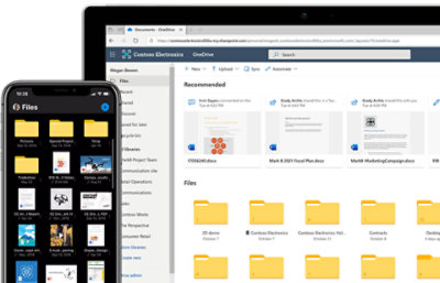 Um tablet e um telefone mostrando os arquivos no OneDrive