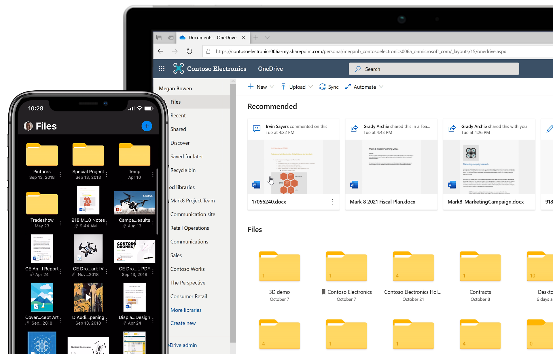 Tabletti ja puhelin näyttävät tiedostoja OneDrivessa.