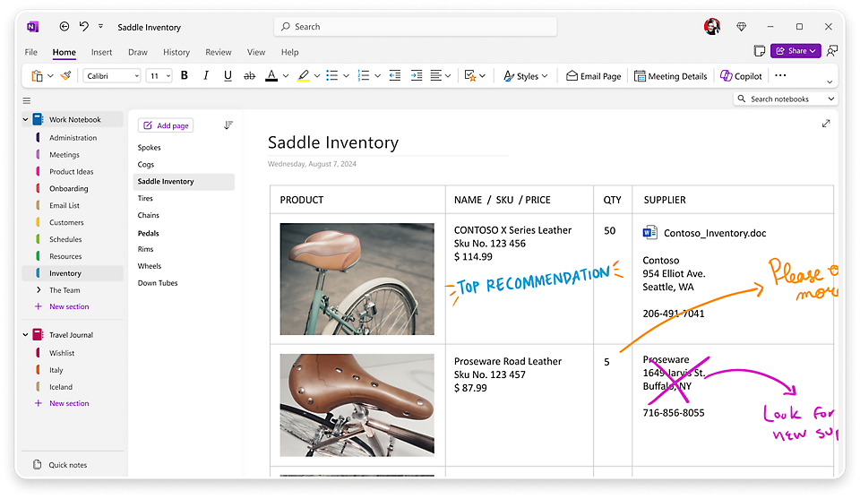 A OneNote page titled Saddle Inventory with ink annotations.