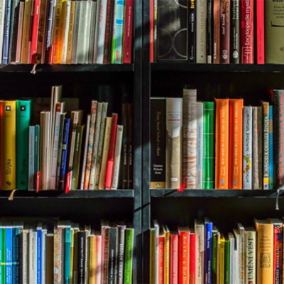 A dark wooden bookshelf filled with an assortment of books, showcasing a variety of colors and sizes. The spines are visible, revealing a range of genres and topics.
