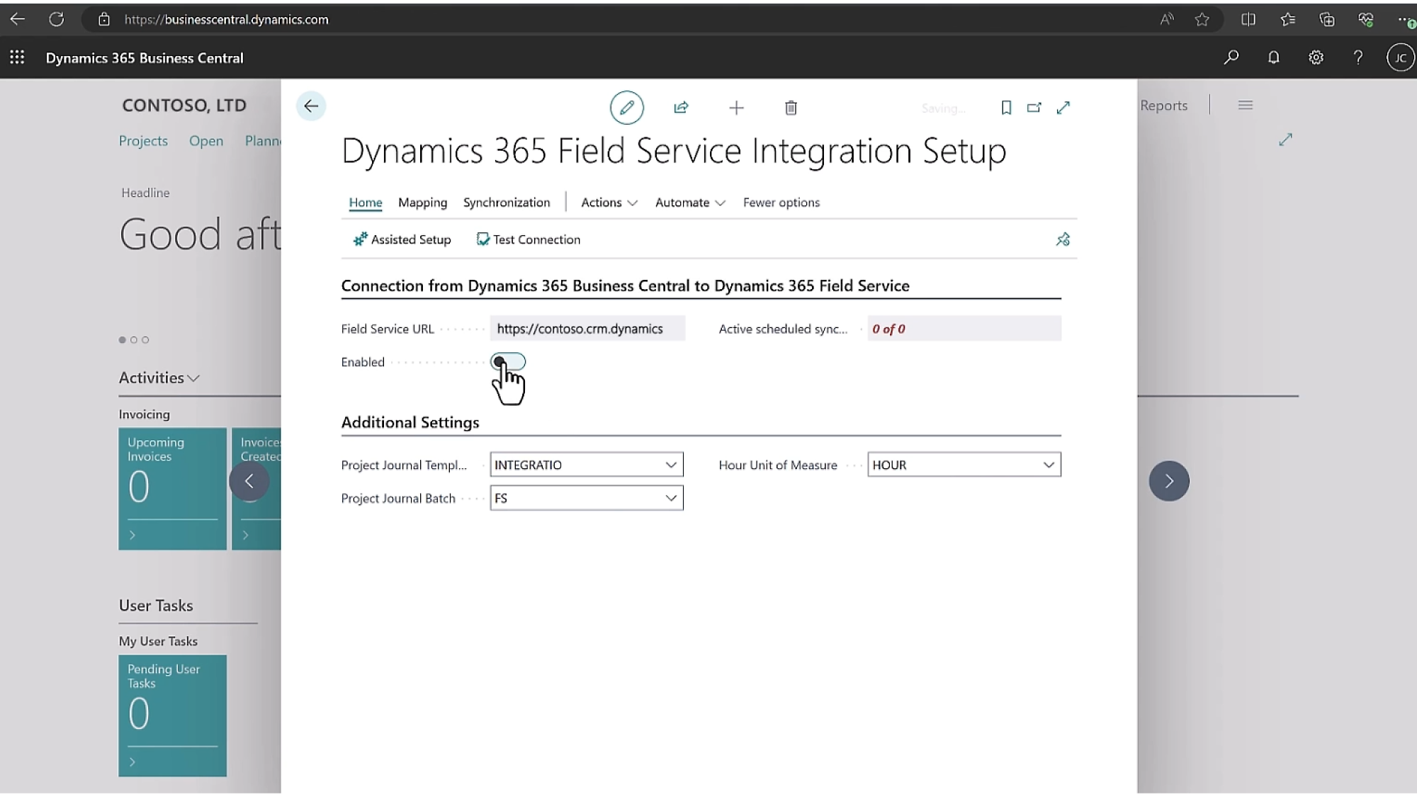 A dashboard showing Dynamics 365 and showing some fields are enabling