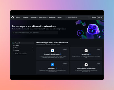 Screenshot der GitHub Copilot-Erweiterungsseite mit einer Benutzeroberfläche mit dunklem Design
