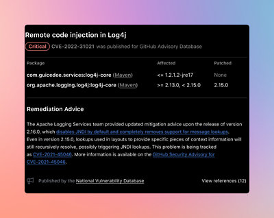 Screenshot einer Sicherheitsempfehlung für ein kritisches Sicherheitsrisiko durch Einschleusung von Remotecode 
