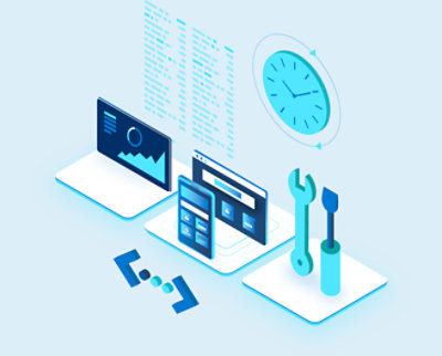 An isometric image of a clock, tools, and a computer and tablet or phone