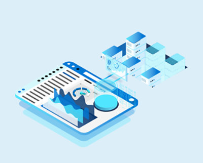 An isometric image of a tablet with graphs on it that is pulling information from a data center