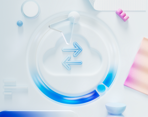 Abstract 3d composition of geometric shapes in a blue and white color scheme. A clean, minimalist workspace with various blue-toned office supplies and a circular, abstract graphic centerpiece.
