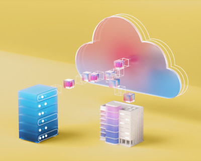 黄色背景上的云和服务器的 3D 渲染。