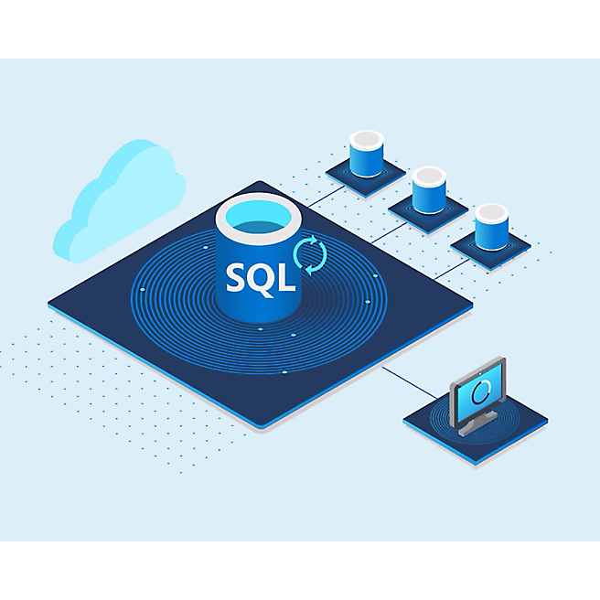 Vista isométrica de una base de datos SQL que se conecta a equipos o sistemas externos.