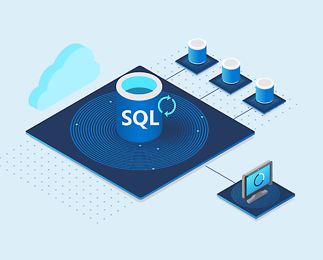 Eine isometrische Ansicht einer SQL-Datenbank, die eine Verbindung mit externen Systemen oder Computern herstellt.
