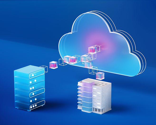 3d rendering of a cloud and a server on a blue background.