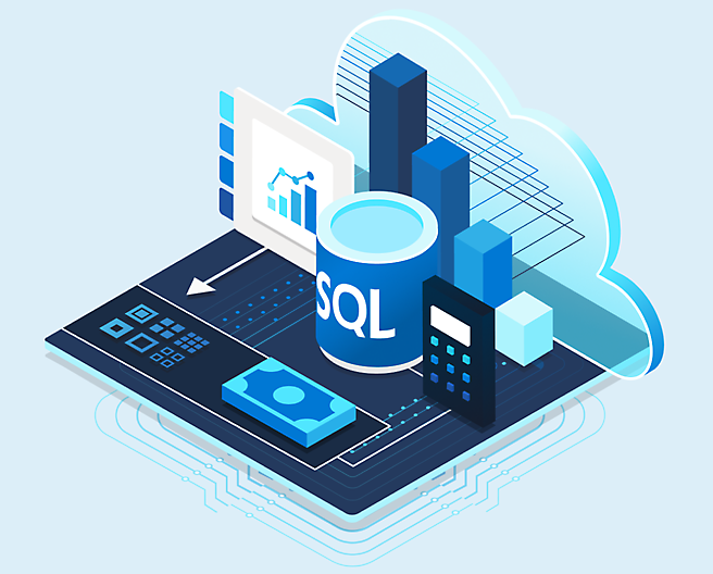 An isometric image of a cloud with the word sql on it.