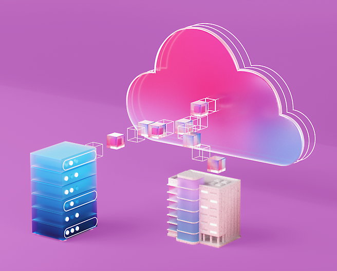 3d rendering of a cloud and a server on a purple background.