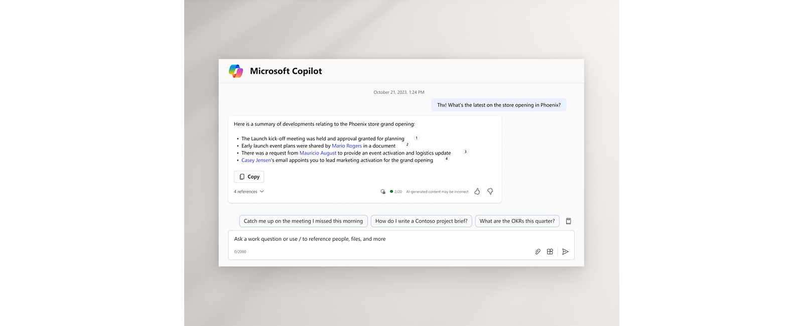 Chat window showing last two chats and automated prompt response for Microsoft Copilot