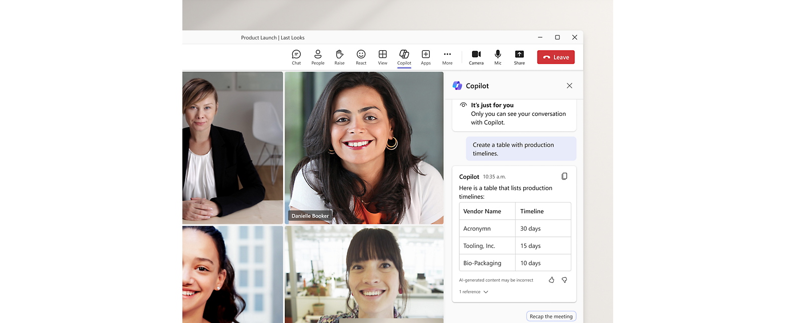 Video call shown in Microsoft Teams meeting with Microsoft Copilot opened in right side collating the meeting information