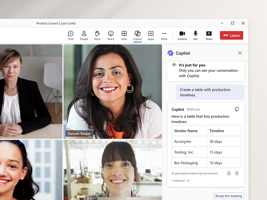 Video call shown in Microsoft Teams meeting with Microsoft Copilot opened in right side collating the meeting information