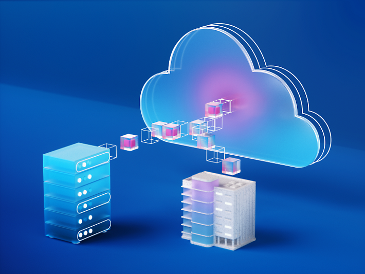 A blue background with a cloud and a server.