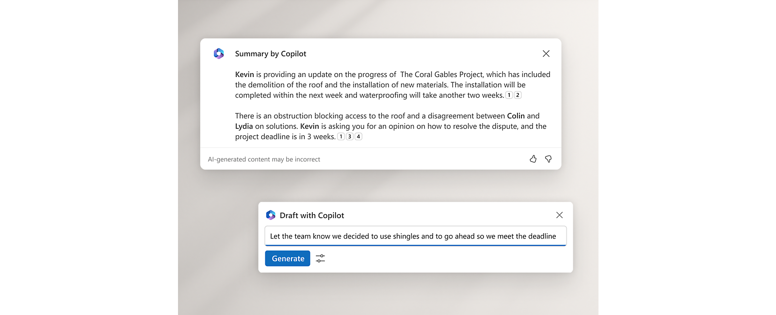 Multiple popup showing summary by copilot and draft by Microsoft Copilot
