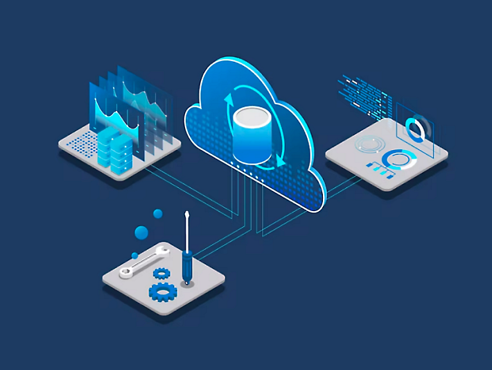 A blue isometric image of a cloud computing system.