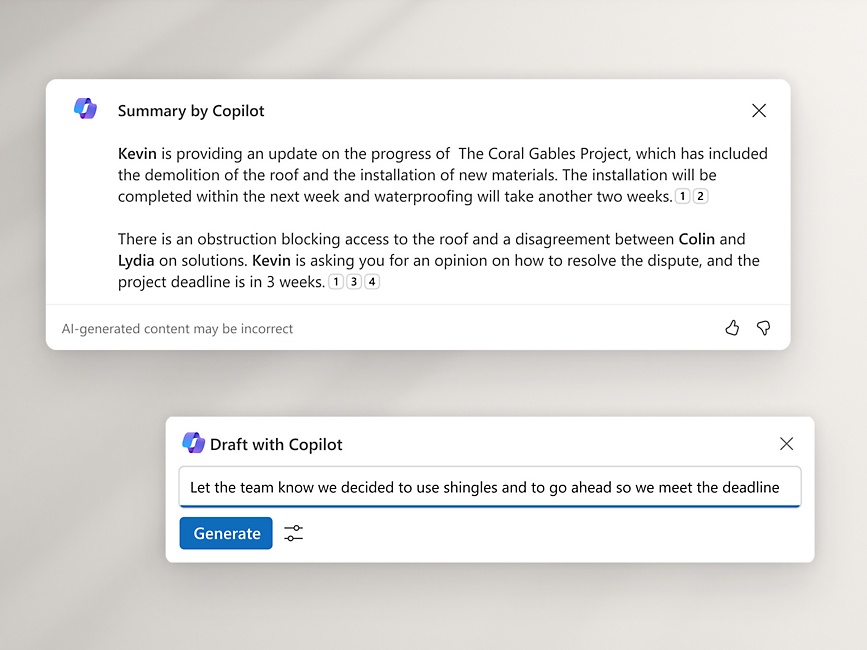 Multiple popup showing summary by copilot and draft by Microsoft Copilot