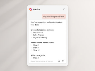 A query being asked to Microsoft Copilot to organize this presentation and the summarized response by the copilot