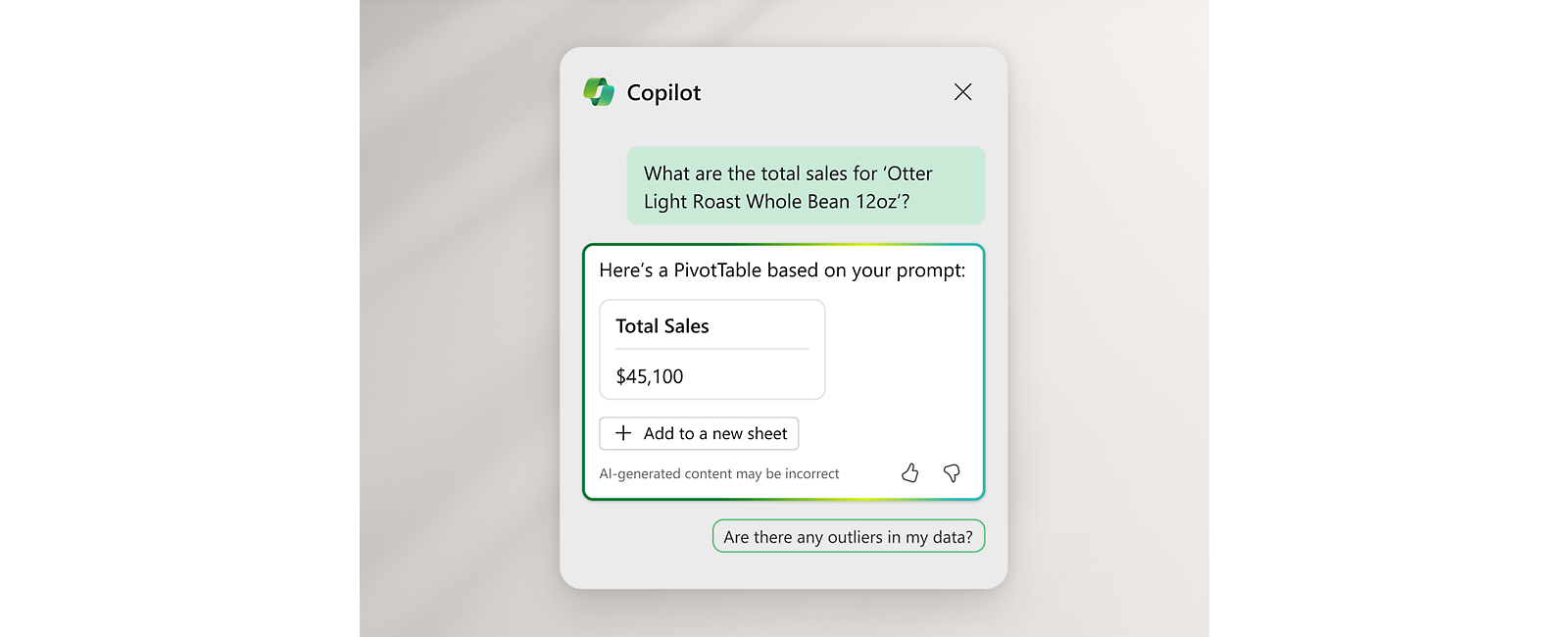 A query being asked to Copilot and response received as PivotTable