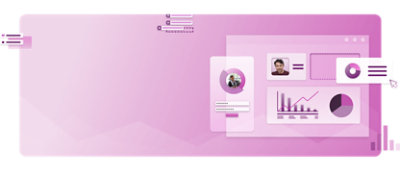 A pink background with people and graphs on it.