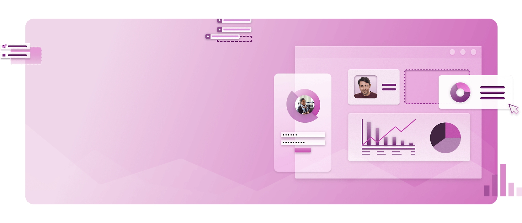 A pink background with people and graphs on it.