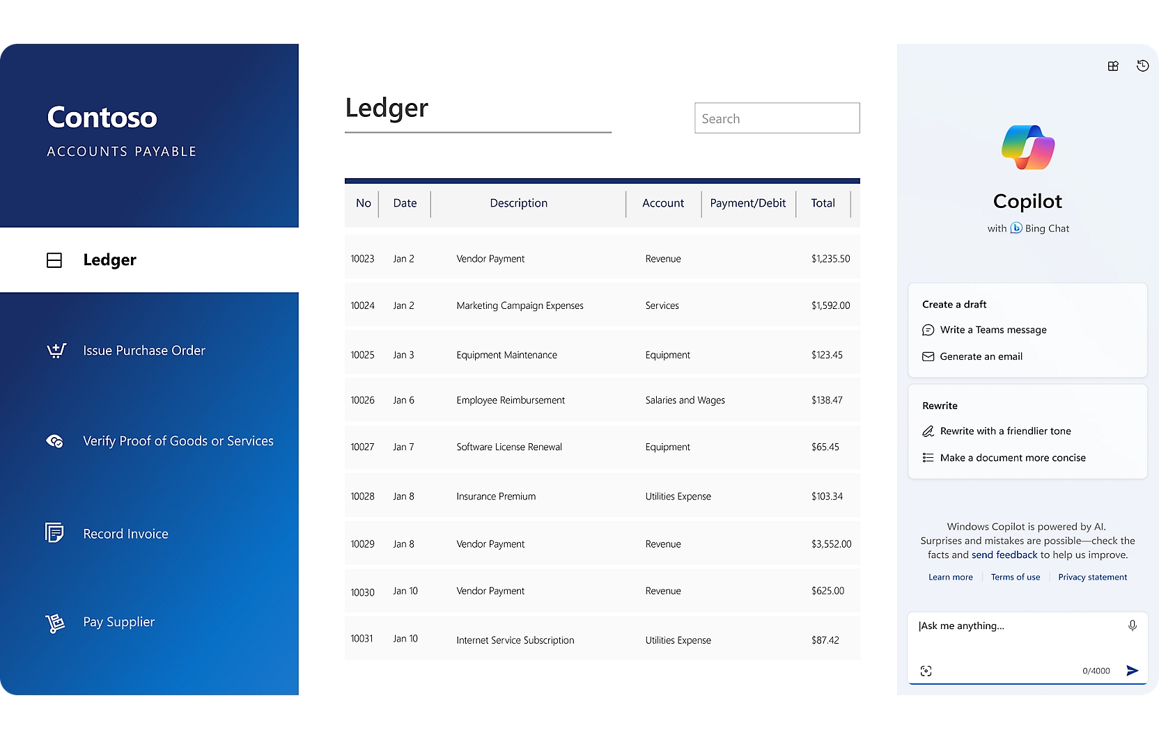 Window showing Contoso Ledger in list view.
