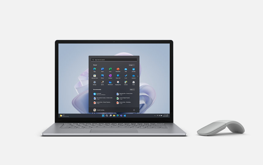 A front facing platinum Surface Laptop 5 with a grey Arc Mouse.