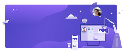 A purple background with an image of a person and a computer.