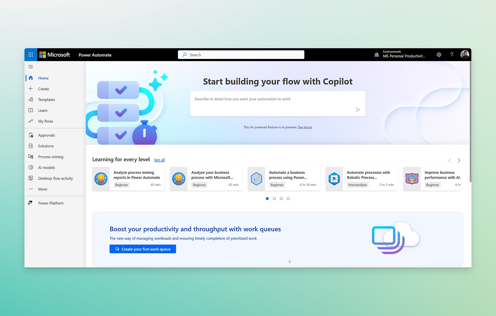 Microsoft Power Automate landing page showing a prompt to start building your flow with copilot
