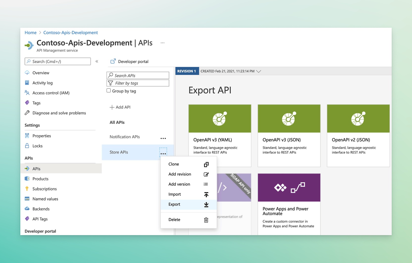 Microsoft Contoso apis development APIs window showing developer portal