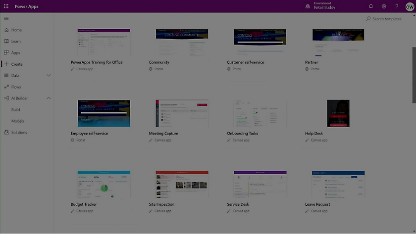 Microsoft Power Apps window showing various templates
