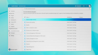 Copilot Studio Northwind Trader environment with conversational plugin options, system settings, and recent modifications