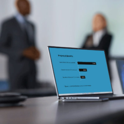 A man and girl standing backside of the laptop.