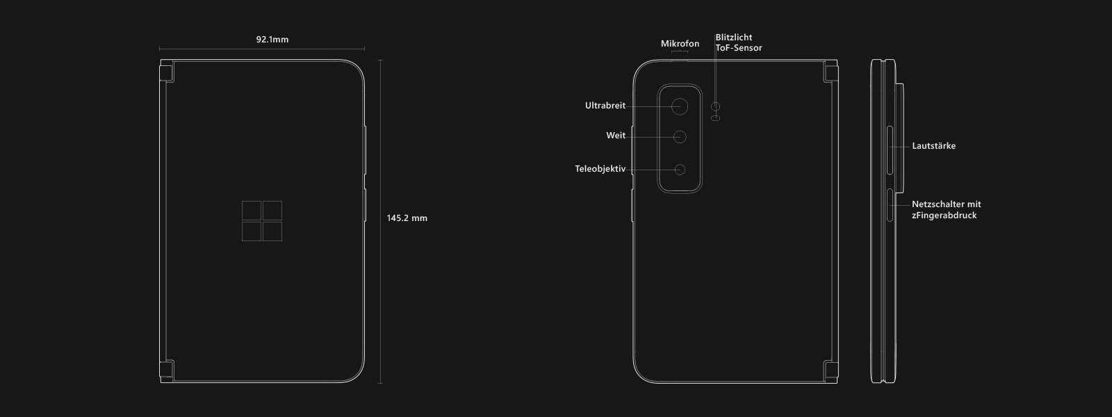 Surface Duo 2 schematic showcasing the front and size dimensions, camera, and button placements.