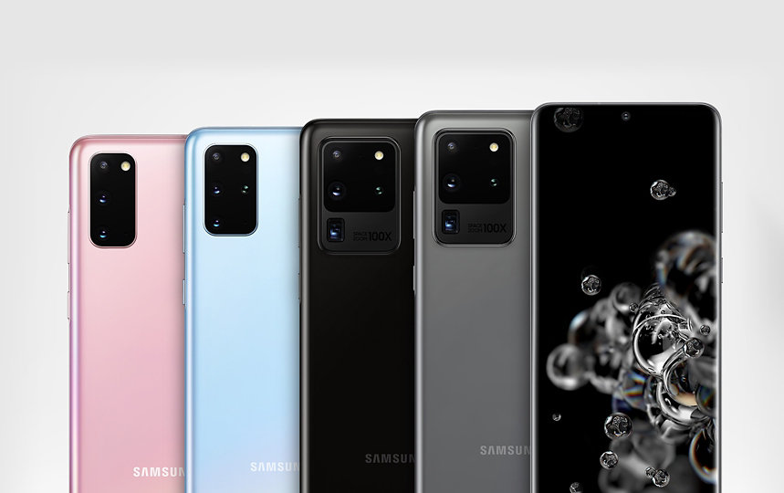 Five Samsung Galaxy S20 mobile phones.