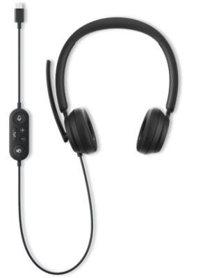 View of the Microsoft Modern USB-C Headset showing in-line call control and cable.