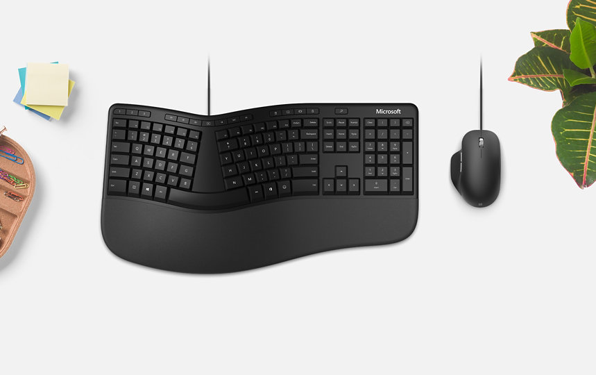 机の上で植物の隣に置かれている Microsoft Ergonomic Keyboard と Microsoft Ergonomic Mouse。 