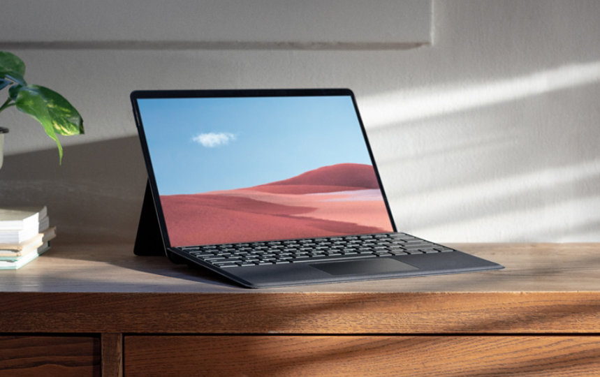 A Surface Pro device sits upon a dresser.