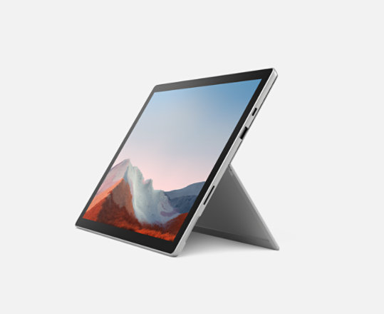 Platina Surface Pro 7+ voor zakelijk gebruik, geplaatst op een kickstand.