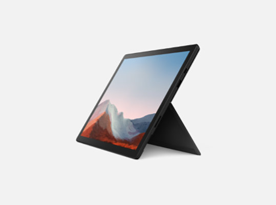 Surface Pro 7+ para Empresas em preto apoiado no suporte Kickstand.