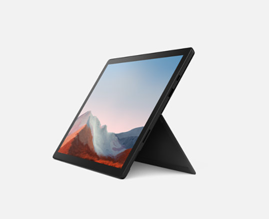 Un dispositivo Surface Pro 7+ per le aziende nel colore Nero poggiato su un sostegno.