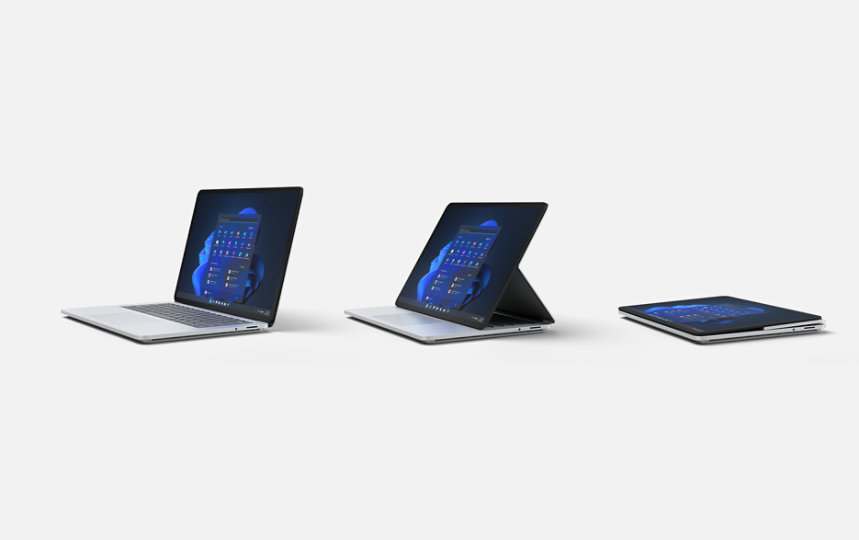 Surface Laptop Studio in three positions.
