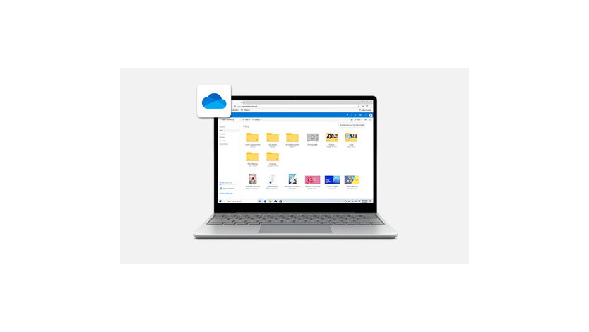 Surface Laptop Go en platino con OneDrive en la pantalla y un logotipo de nube.