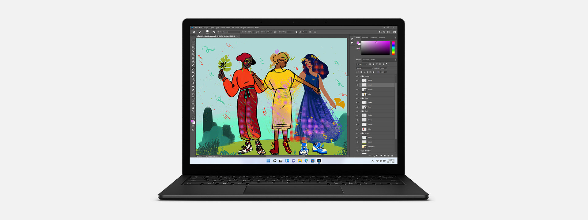 Surface Laptop 4 與 Adobe Photoshop 中顯示的圖稿。