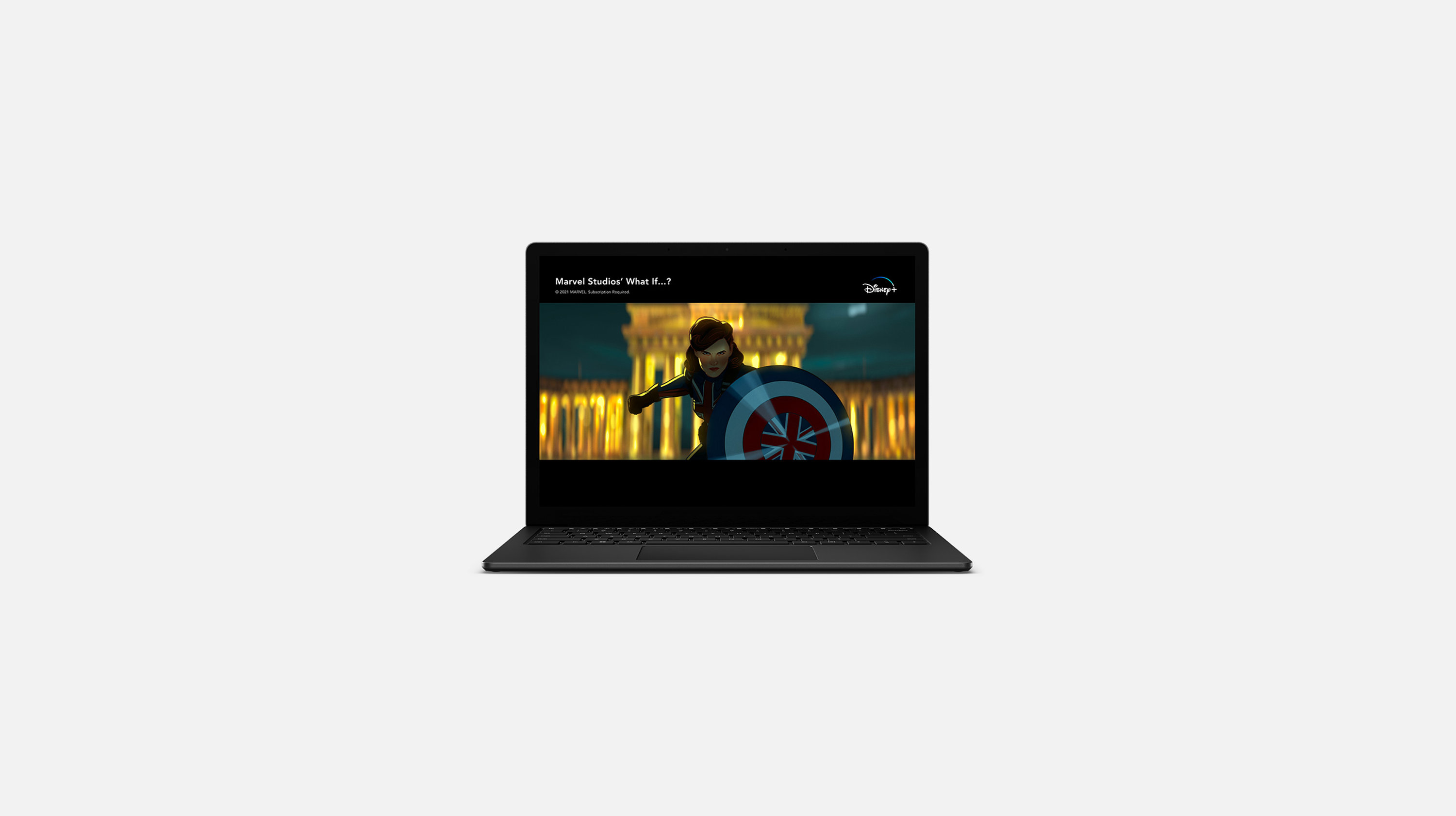 Ein Surface Laptop 4 bildet Marvels Captain Carter in der Disney Plus App dar.